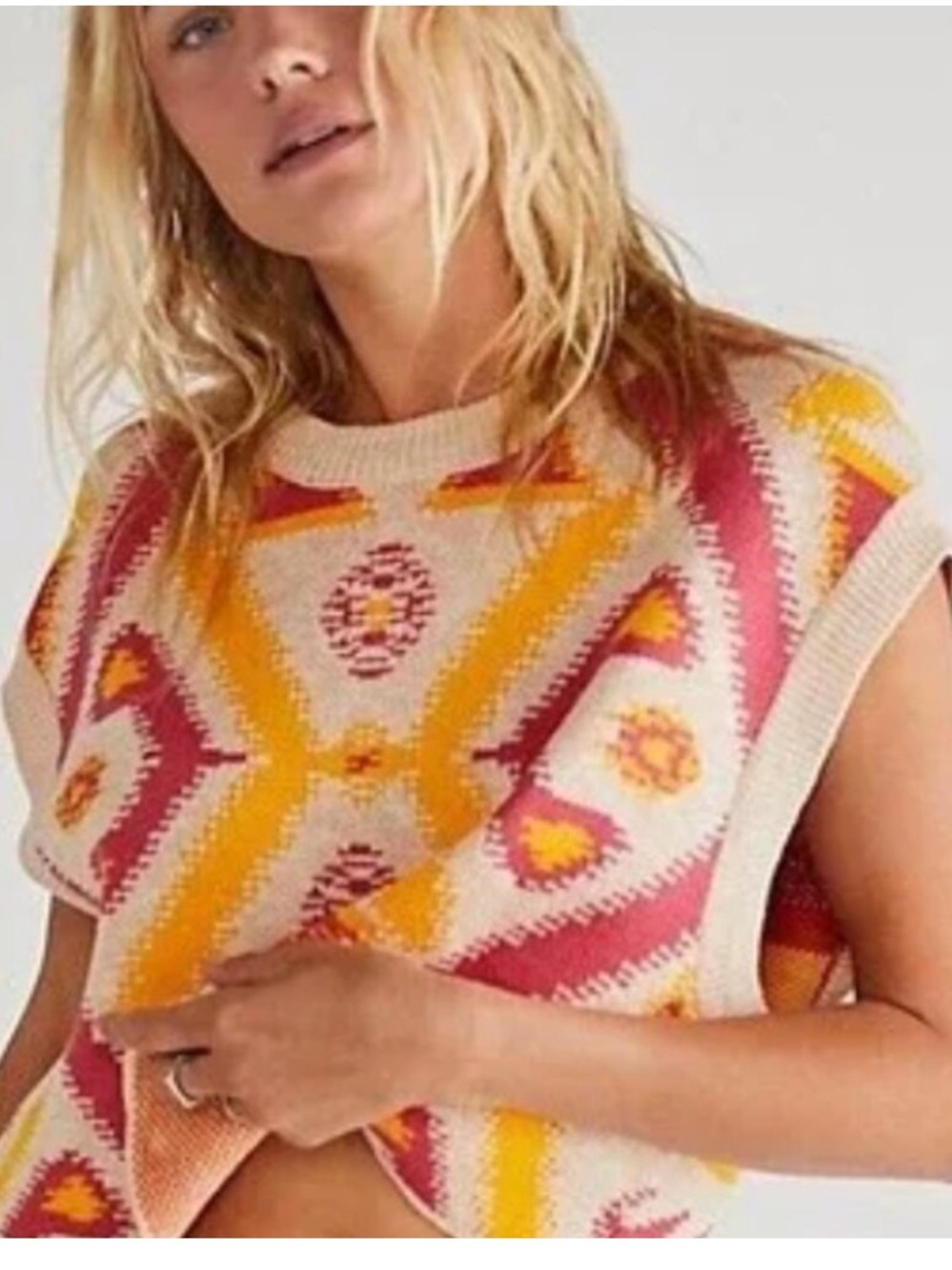 Free People Cyprus Oversized Aztec Geometric Crop Sweater Vest Boho Size XS